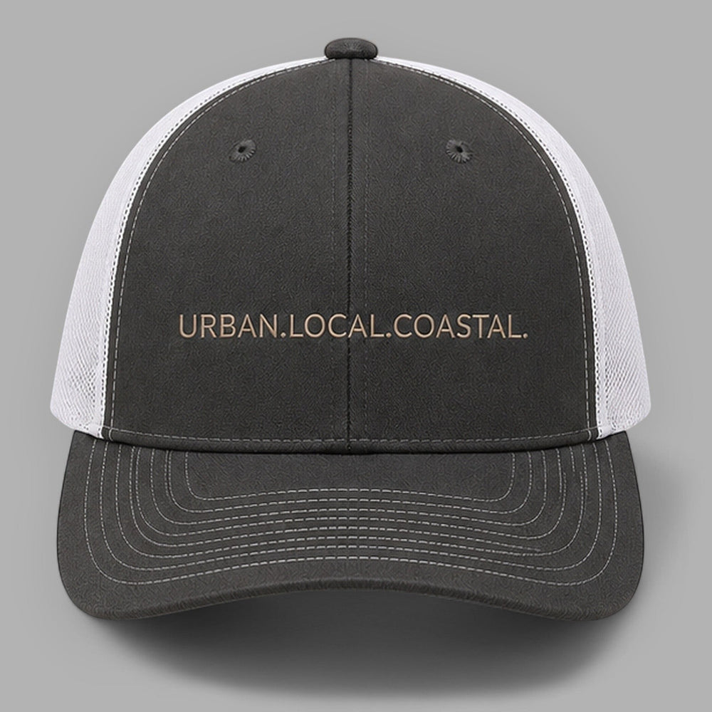 area 609 charcoal and white mesh snapback hat with URBAN.LOCAL.COASTAL. embroidery and pre-curved bill