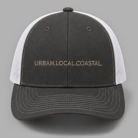 area 609 charcoal and white mesh snapback hat with URBAN.LOCAL.COASTAL. embroidery and pre-curved bill