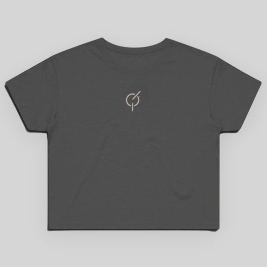 area 609 coal grey cropped cotton t-shirt with a sand-colored embroidered core emblem on the center chest