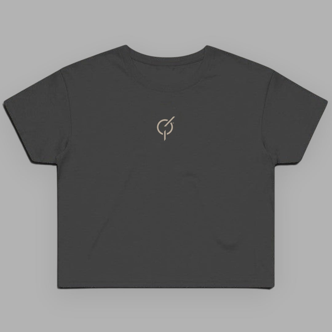 area 609 coal grey cropped cotton t-shirt with a sand embroidered core emblem on the center chest.