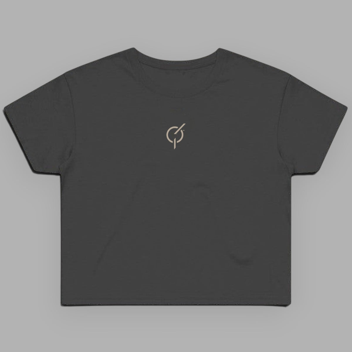 area 609 coal grey cropped cotton t-shirt with a sand embroidered core emblem on the center chest.