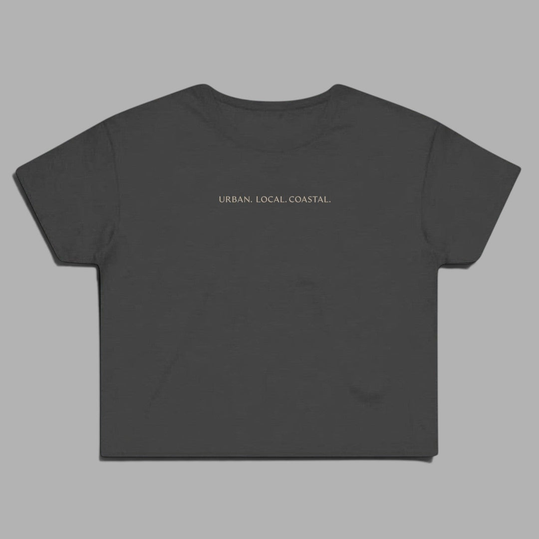 area 609 coal grey cotton cropped t-shirt with URBAN. LOCAL. COASTAL. embroidery on the chest
