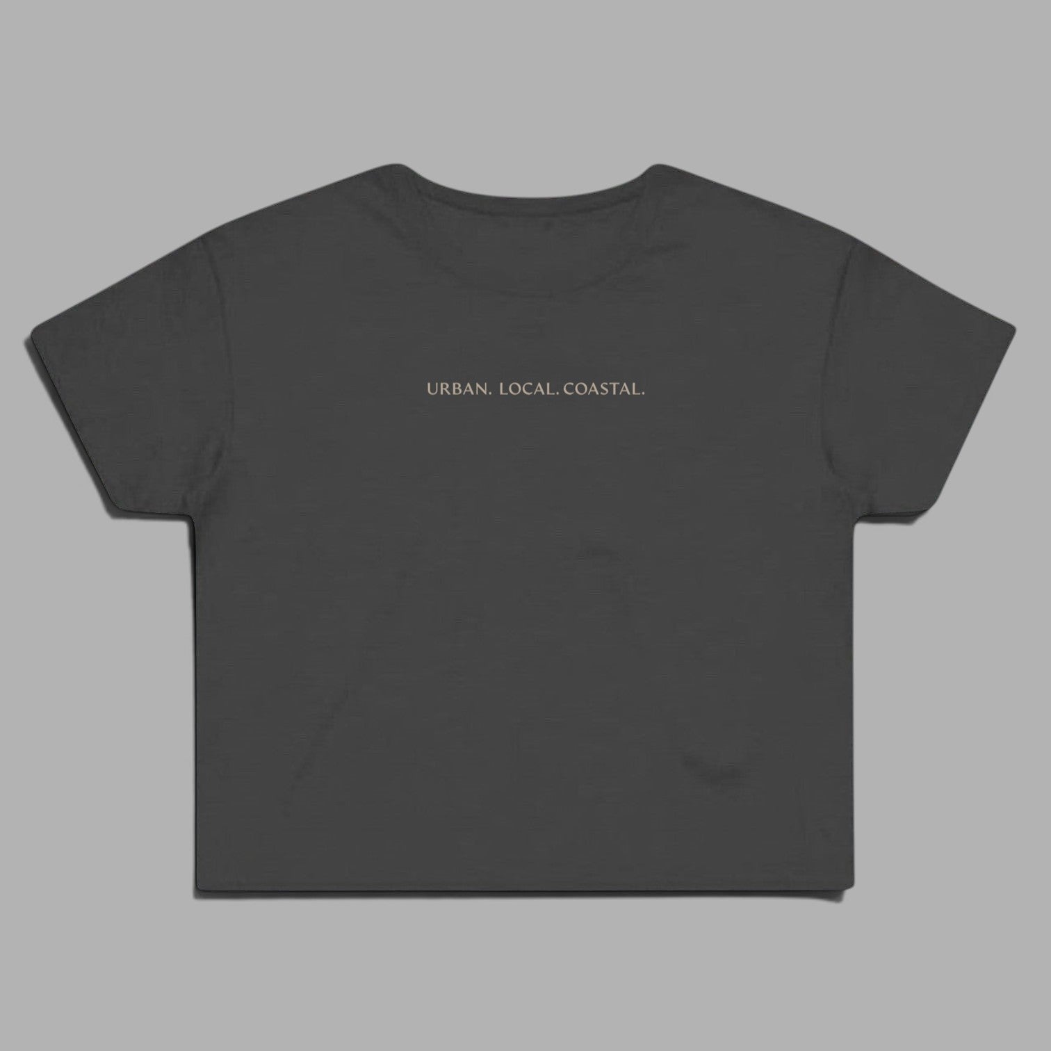 area 609 coal grey cotton cropped t-shirt with URBAN. LOCAL. COASTAL. embroidery on the chest