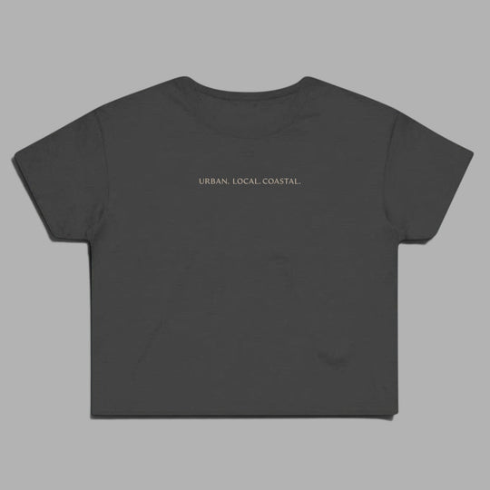 area 609 coal grey cotton cropped t-shirt with URBAN. LOCAL. COASTAL. embroidery on the chest