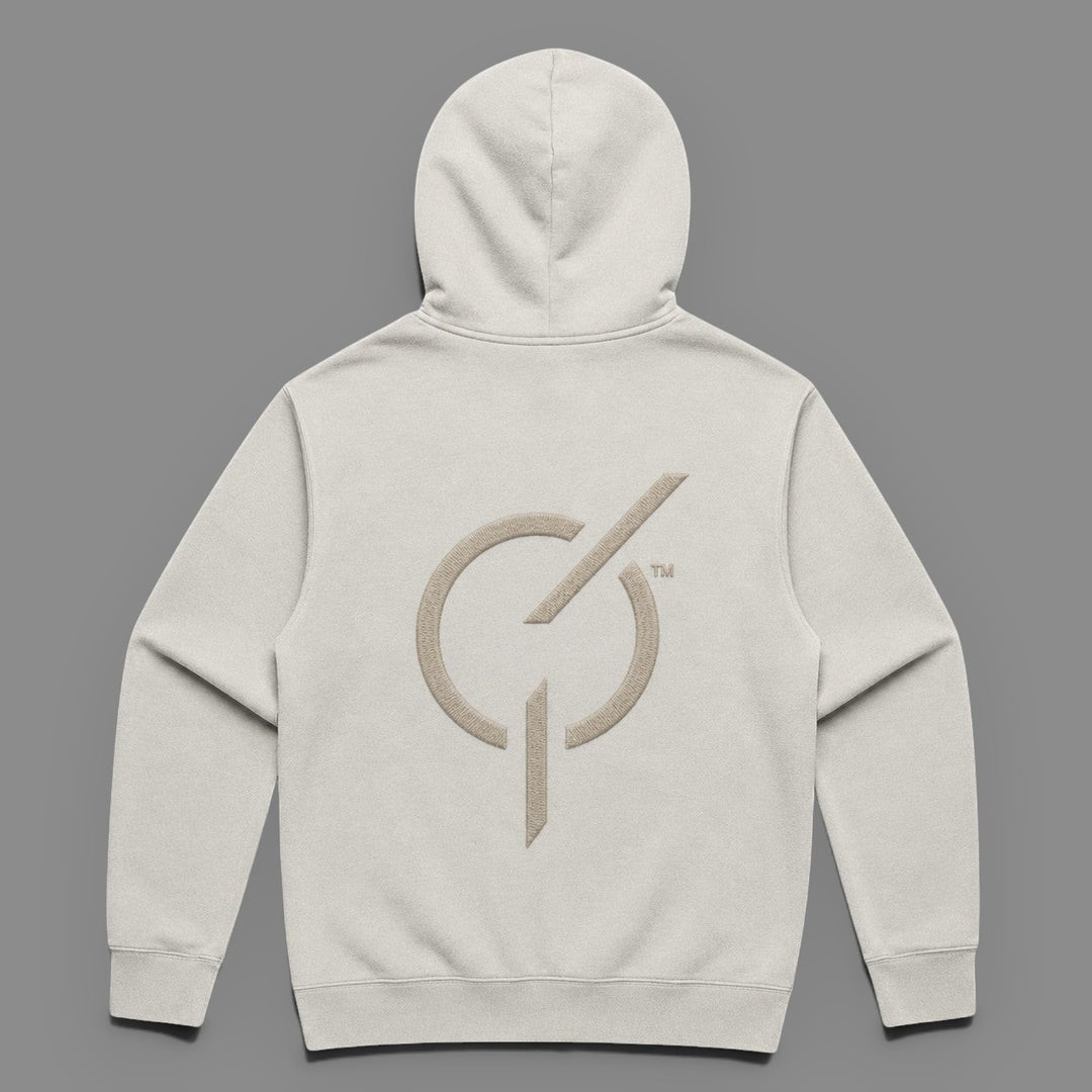 area 609 The Core Hoodie in faded bone cotton-blend fleece featuring a large signature emblem embroidery on the back.