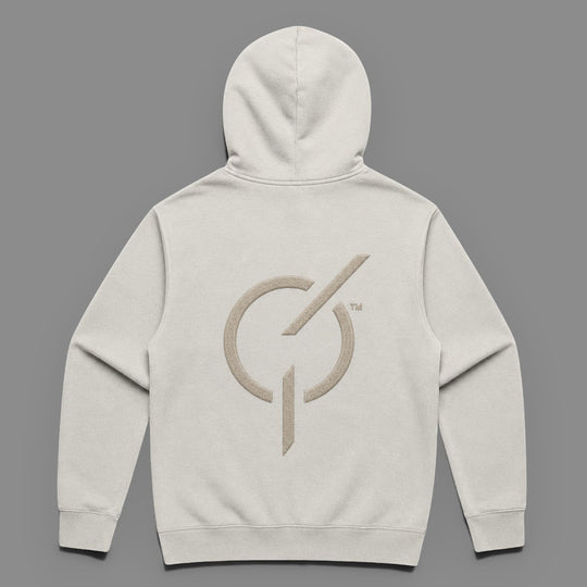 area 609 The Core Hoodie in faded bone cotton-blend fleece featuring a large signature emblem embroidery on the back.