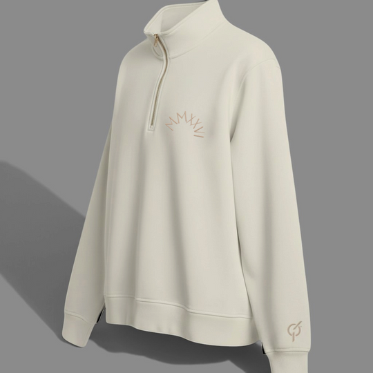 area 609 ecru mock neck zip crew sweatshirt in cotton-blend fleece with sand embroidery on chest and cuff