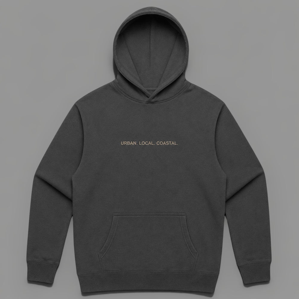 area 609 The Core Hoodie in faded black cotton-blend fleece with a kangaroo pocket and signature emblem embroidery.