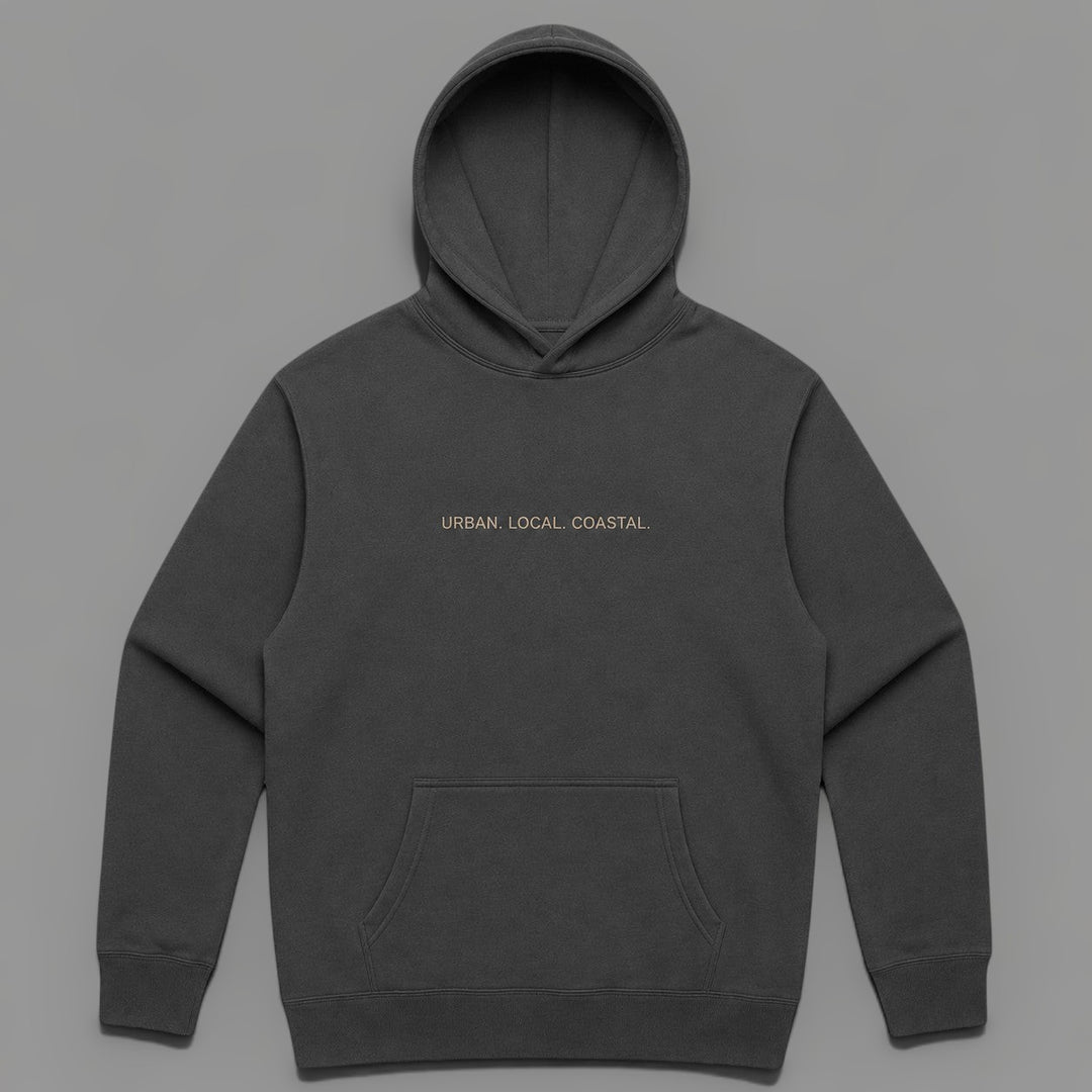 area 609 The Core Hoodie in faded black cotton-blend fleece with a kangaroo pocket and signature emblem embroidery.