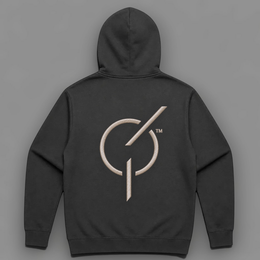 area 609 The Core Hoodie in faded black cotton-blend fleece with a large embroidered emblem on the back