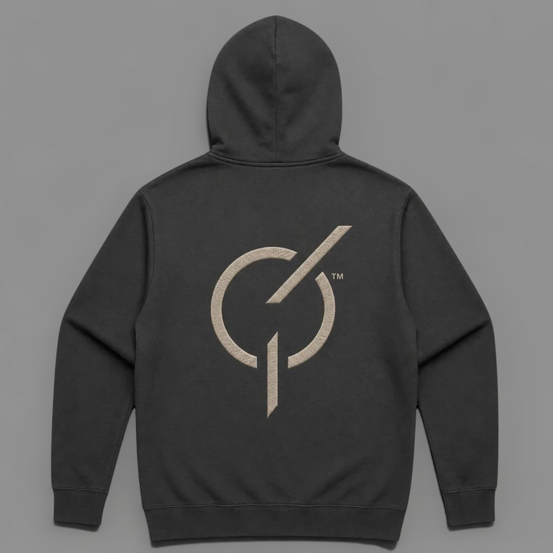 area 609 The Core Hoodie in faded black cotton-blend fleece with signature emblem embroidery on the back