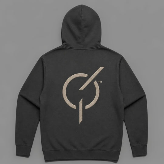 area 609 The Core Hoodie in faded black cotton-blend fleece with signature emblem embroidery on the back