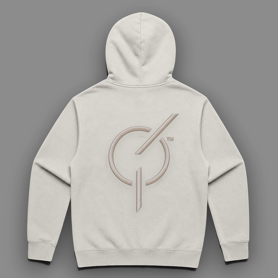 area 609 The Core Hoodie in faded bone cotton-blend fleece featuring a large embroidered emblem on the back
