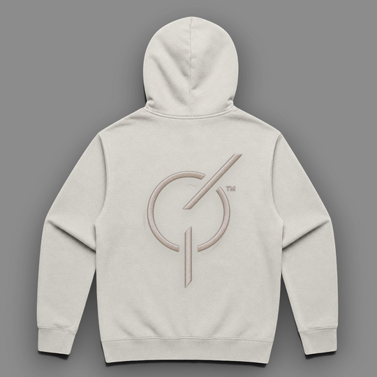 area 609 The Core Hoodie in faded bone cotton-blend fleece featuring a large embroidered emblem on the back