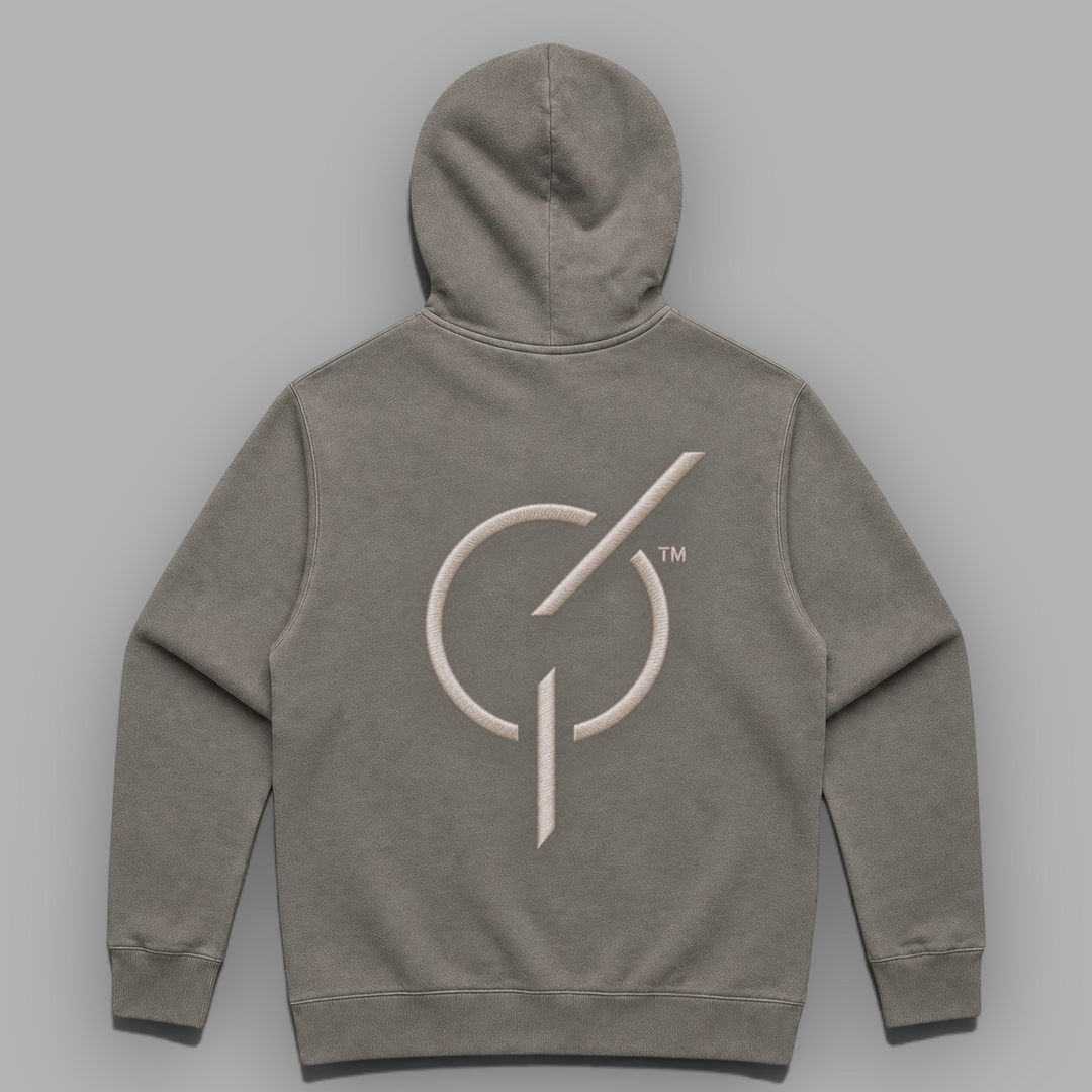 area 609 The Core Hoodie in faded grey cotton-blend fleece with large embroidered emblem on the back