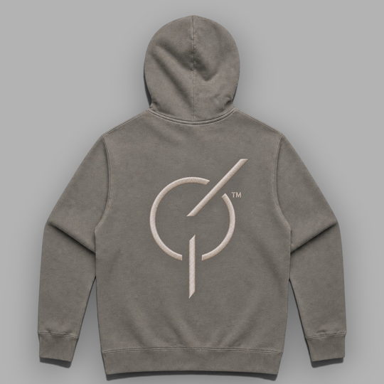 area 609 The Core Hoodie in faded grey cotton-blend fleece with large embroidered emblem on the back