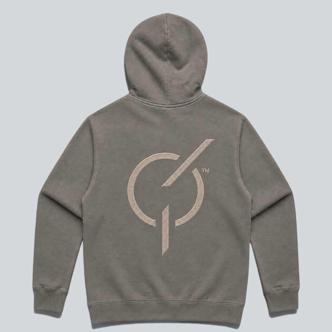 area 609 The Core Hoodie in faded grey cotton-blend fleece with back signature emblem embroidery and relaxed fit