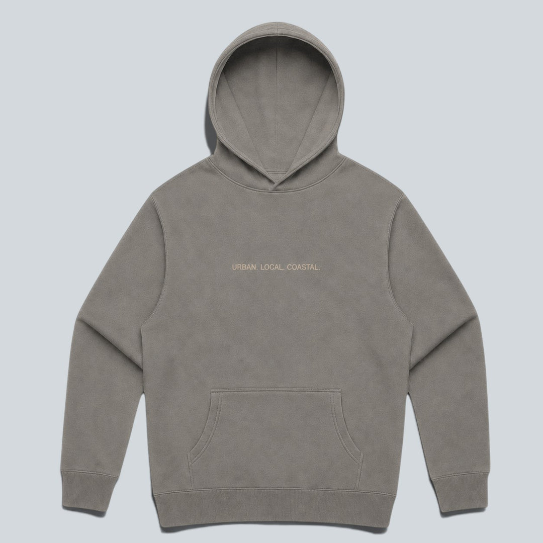 area 609 The Core Hoodie in faded grey cotton-blend fleece with a relaxed fit, kangaroo pocket, and chest embroidery.