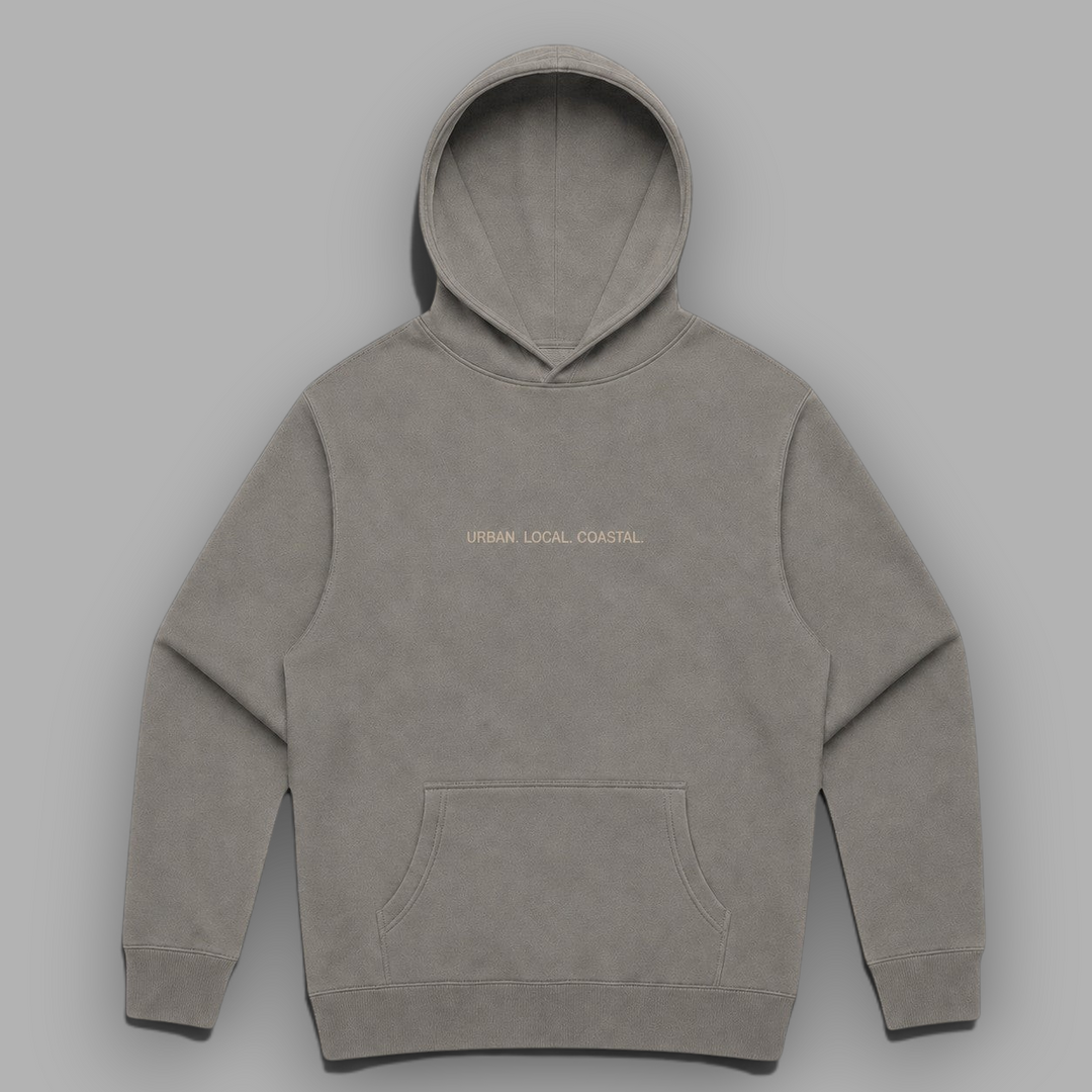 area 609 The Core Hoodie in faded grey cotton-blend fleece with a relaxed fit, kangaroo pocket, and chest embroidery.