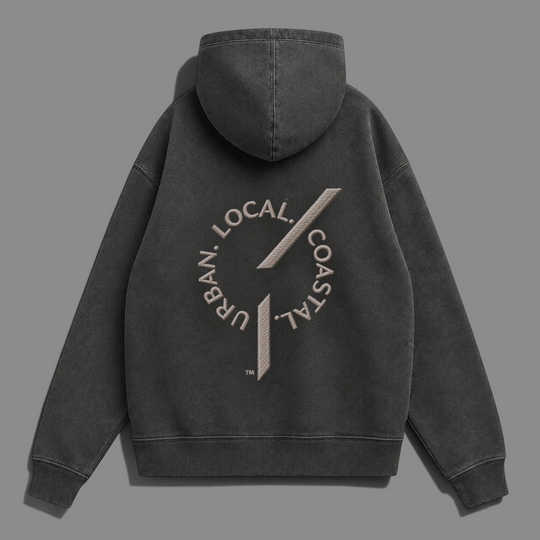 area 609 The Founders Hoodie in pigment black featuring a back embroidered logo on heavyweight fleece