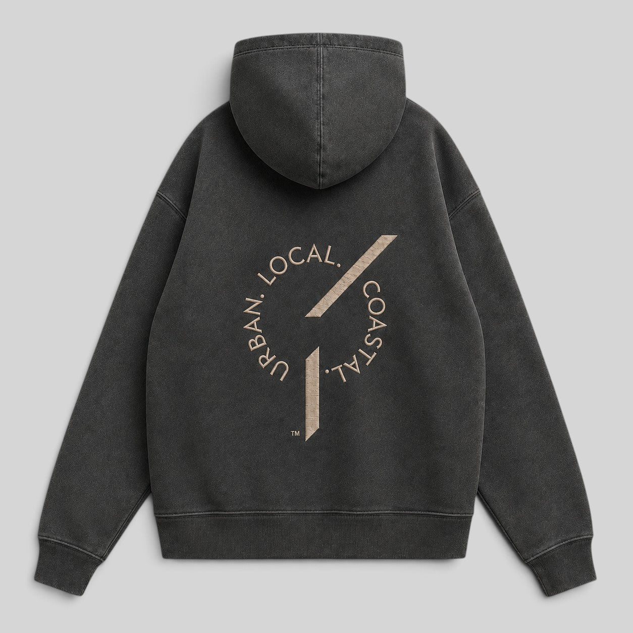 Back view of an area 609 heavyweight pigment black fleece hoodie with an oversized fit and embroidered logo.