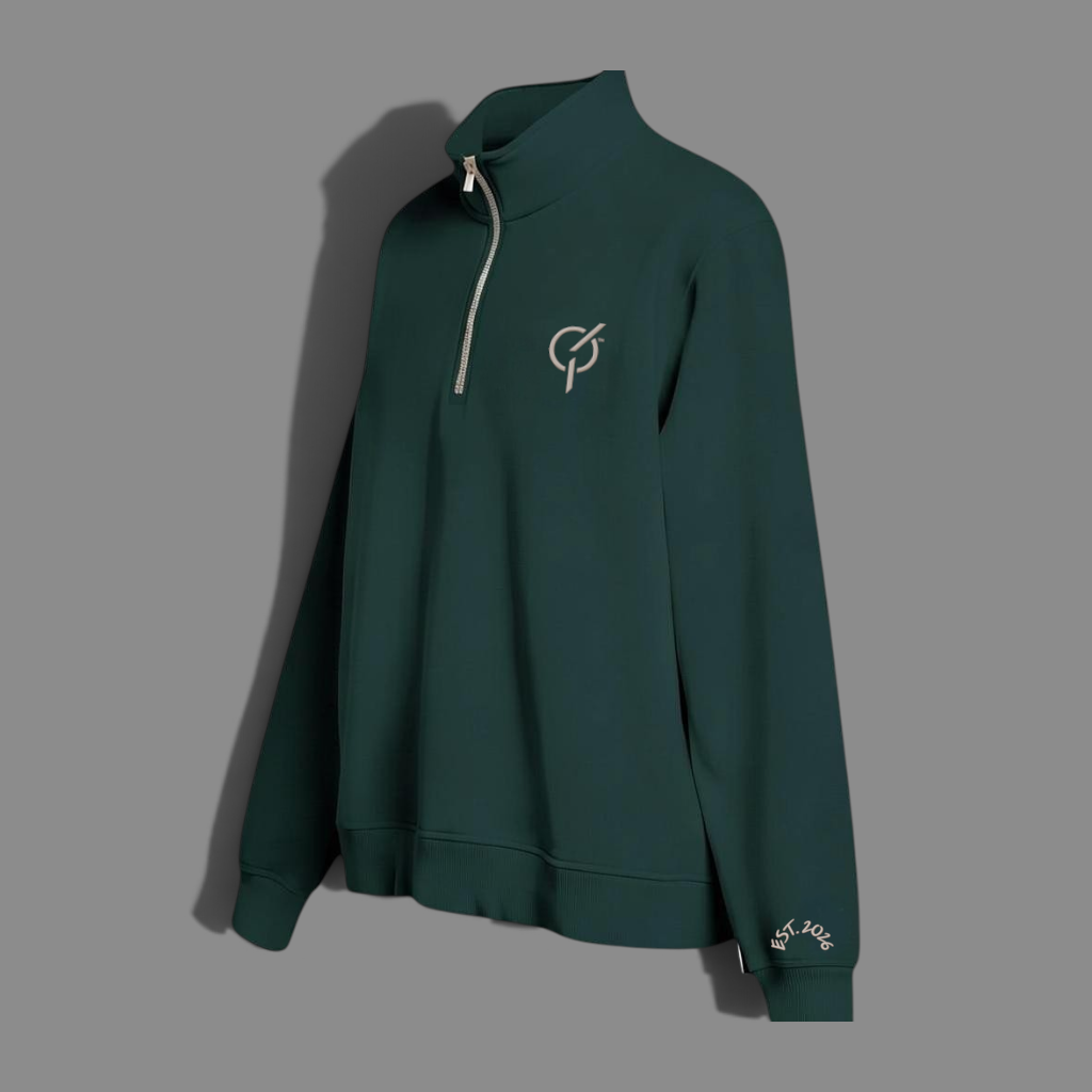 area 609 ivy green organic cotton quarter zip sweatshirt with sand embroidery on chest and cuff