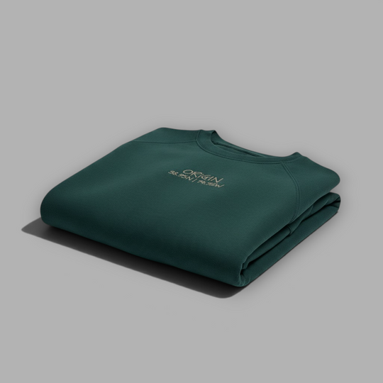 area 609 The Origin Crew sweatshirt in ivy green organic cotton French terry with sand chest embroidery
