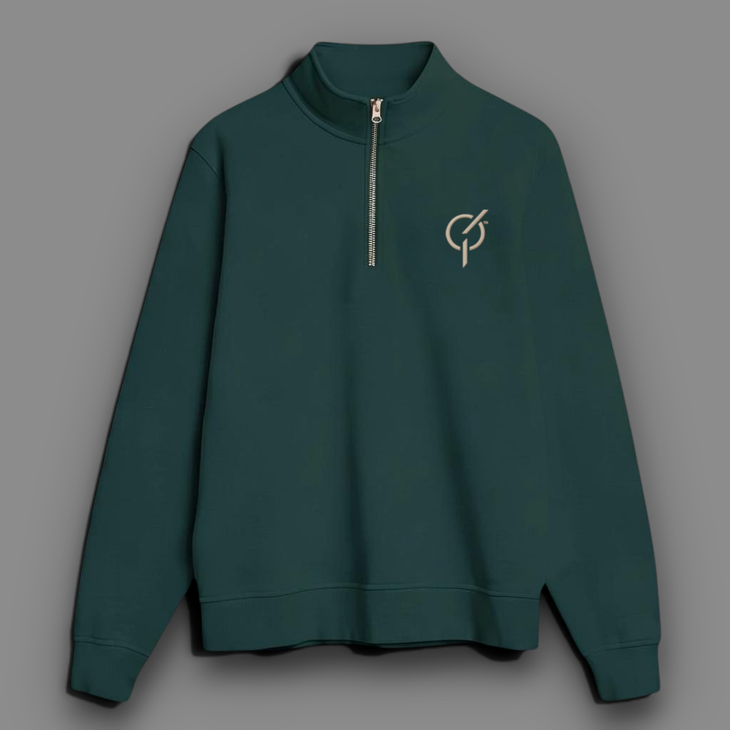 area 609 ivy green organic cotton quarter zip sweatshirt with sand embroidery on the chest and metal zipper