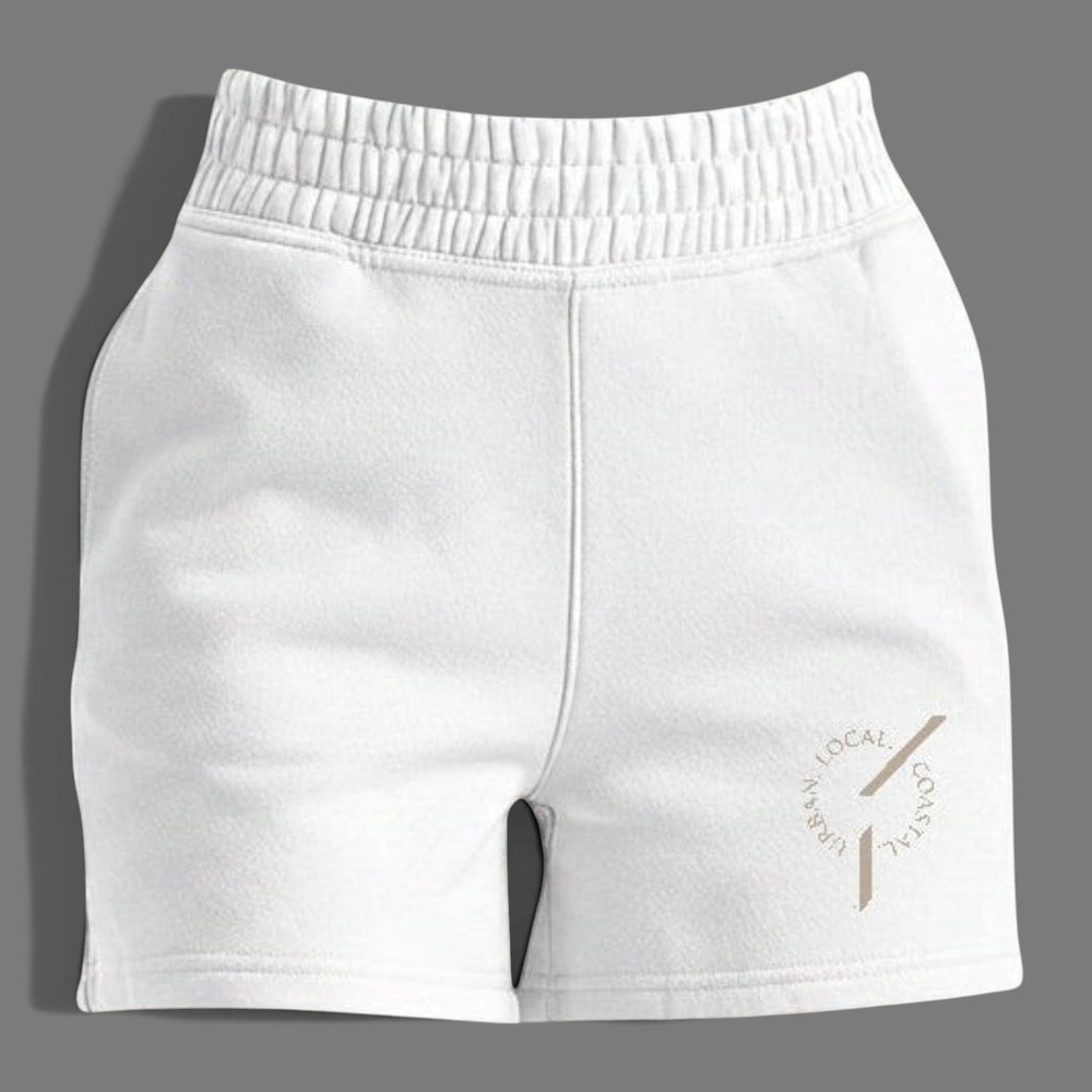 area 609 parchment cotton-blend fleece jogger shorts with high waist, side pockets, and sand thread embroidery