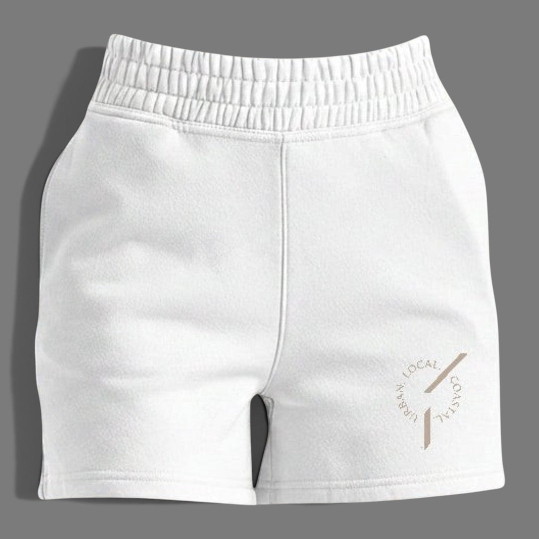 area 609 parchment cotton-blend fleece jogger shorts with high waist, side pockets, and sand thread embroidery