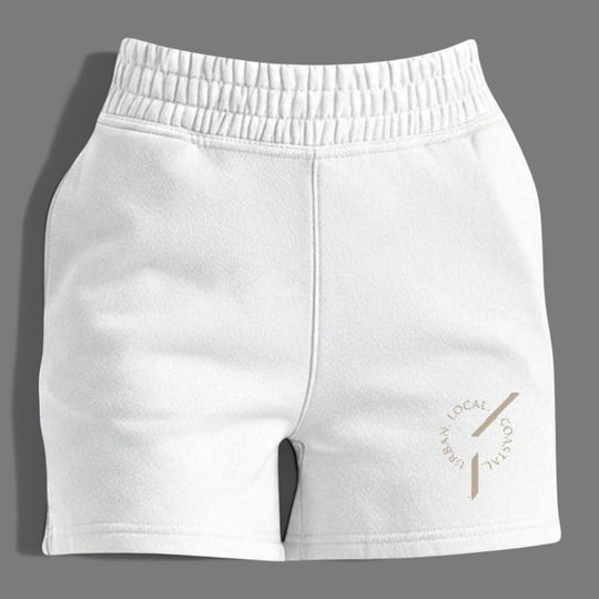 area 609 parchment cotton-blend fleece jogger shorts with high waist, side pockets, and sand thread embroidery