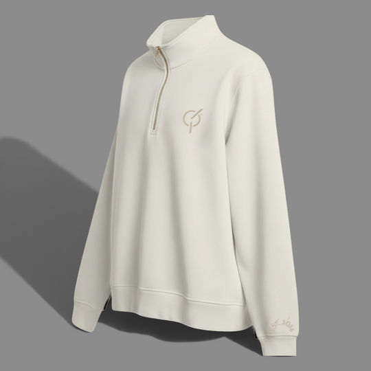 area 609 parchment organic cotton quarter zip sweater with sand embroidery and premium metal zipper