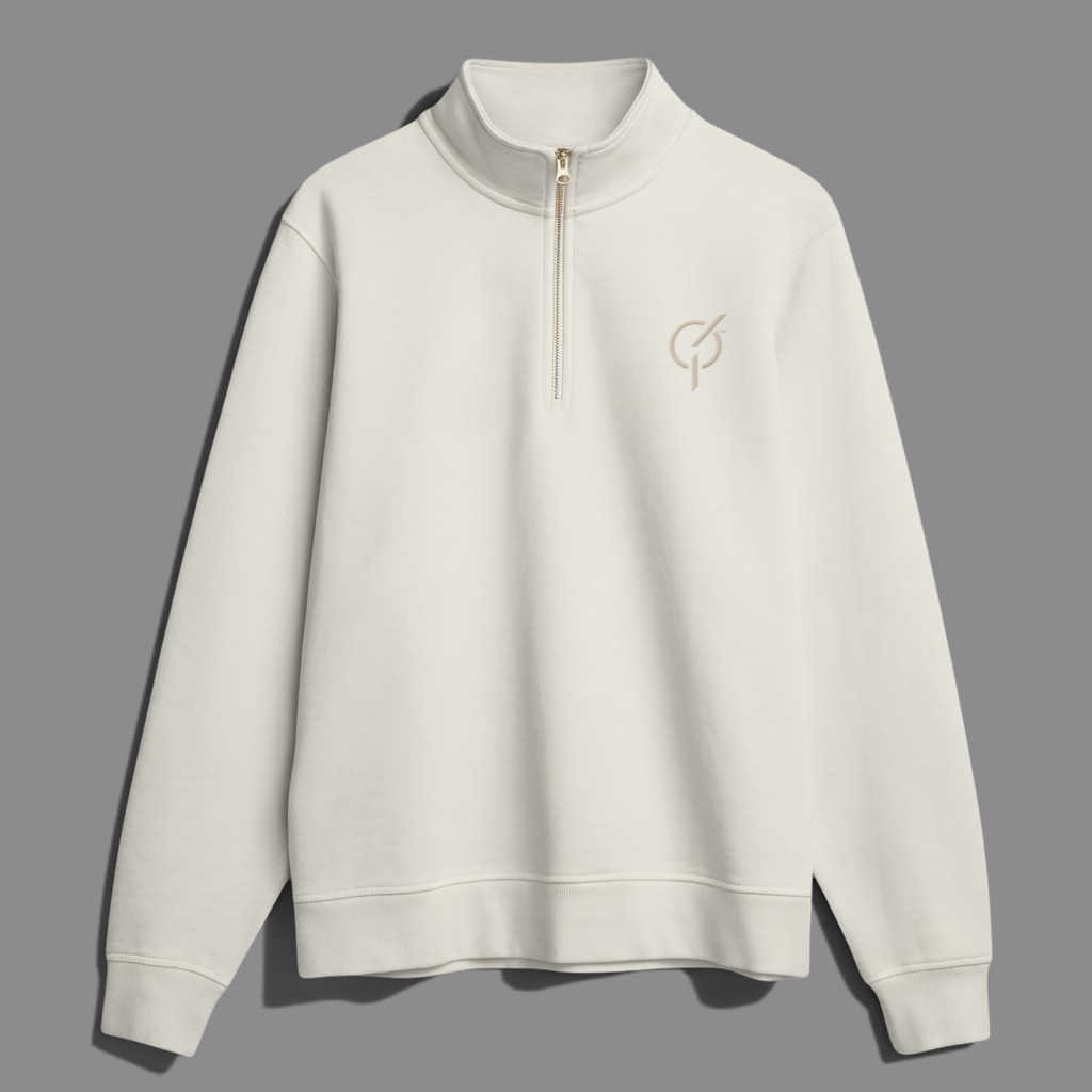 area 609 parchment organic cotton quarter zip sweatshirt with sand embroidery and premium polished metal zipper