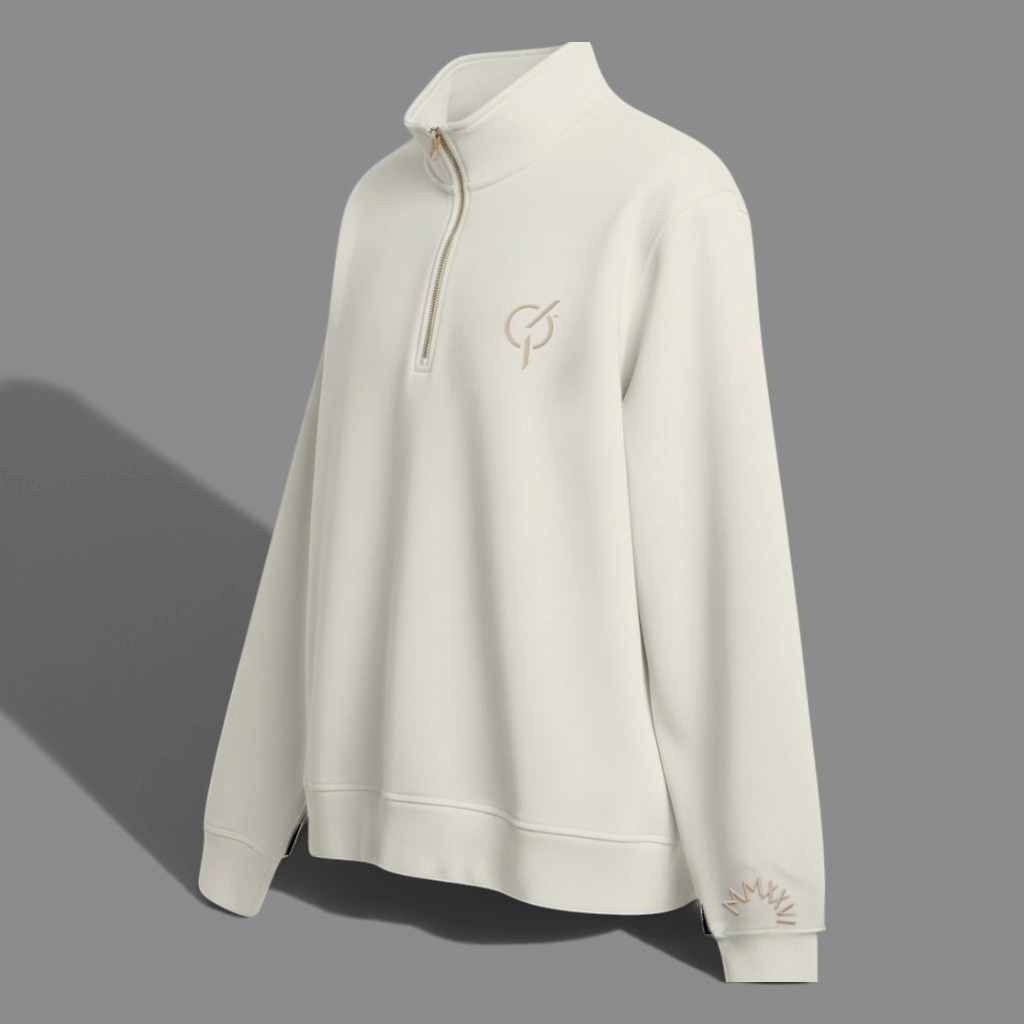 area 609 parchment organic cotton quarter zip sweater with sand embroidery and premium metal zipper