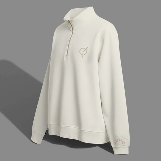area 609 parchment organic cotton quarter zip sweater with sand embroidery and premium metal zipper