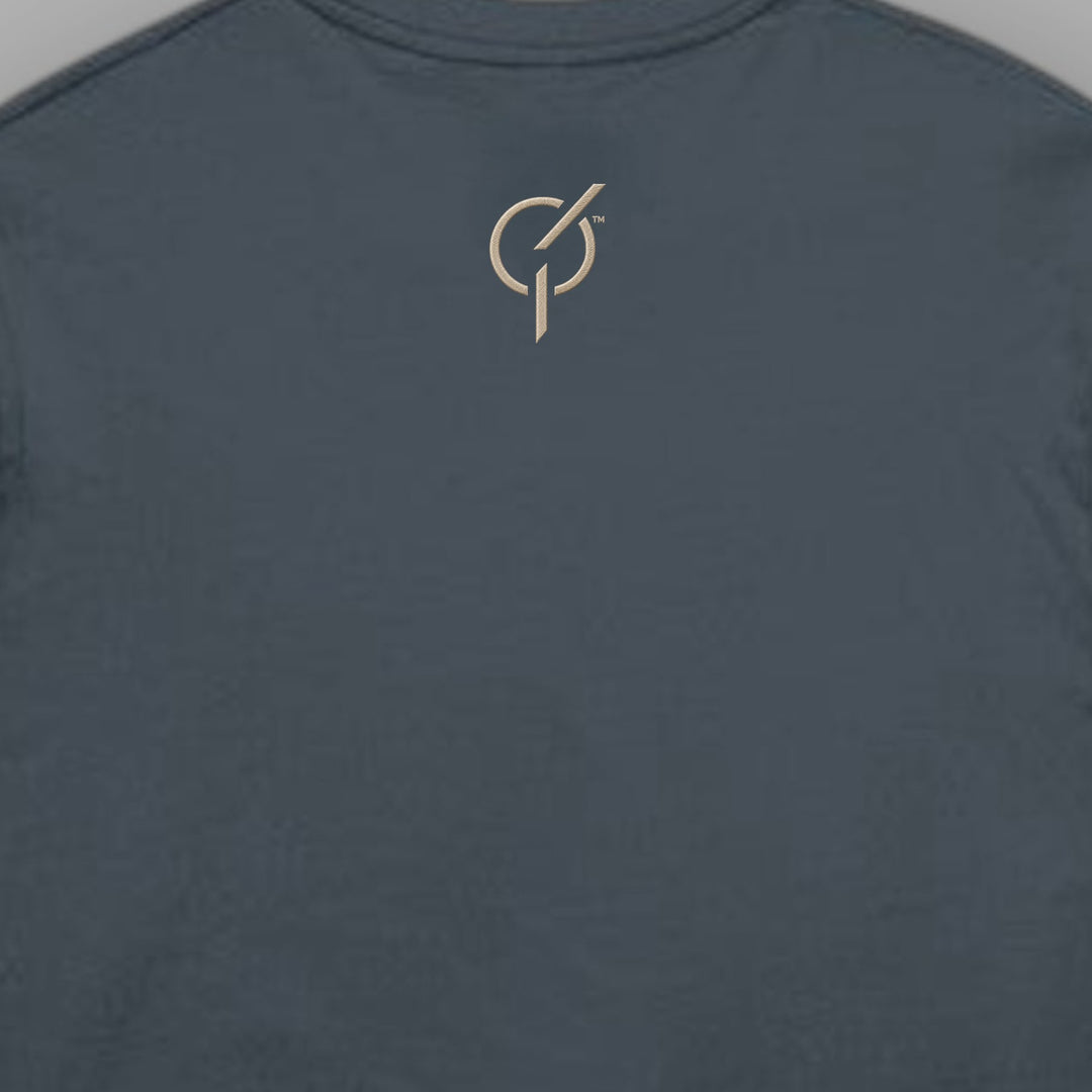 petrol blue midweight combed cotton t-shirt featuring a signature sand core emblem embroidery below the back collar