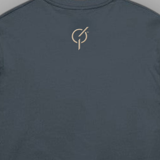 petrol blue midweight combed cotton t-shirt featuring a signature sand core emblem embroidery below the back collar