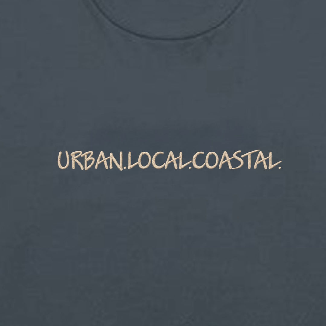 petrol blue midweight cotton t-shirt with sand colored chest embroidery URBAN.LOCAL.COASTAL.