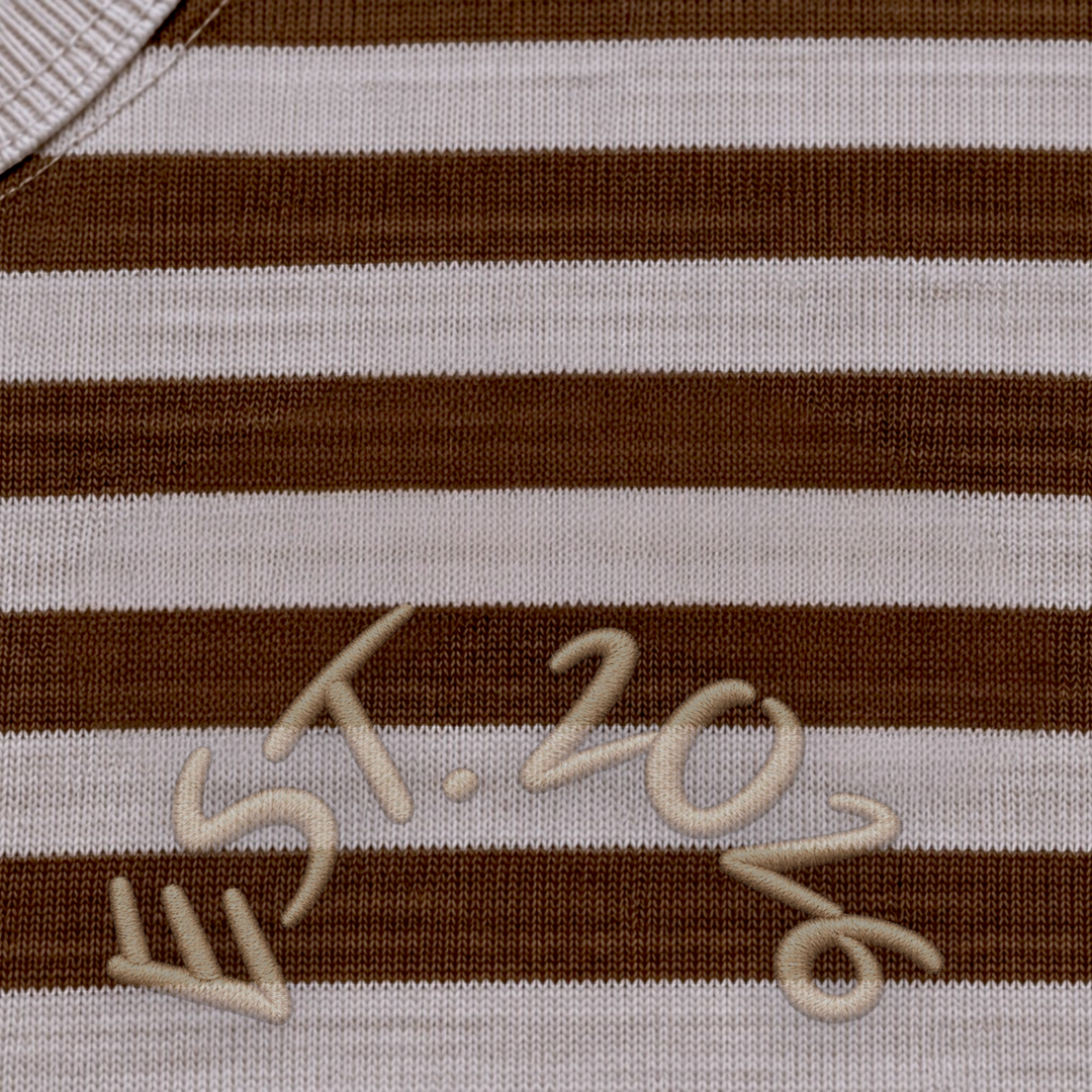 area 609 Preservation Stripe Tee in walnut and oat brown with embroidered EST. 2026 text on the chest