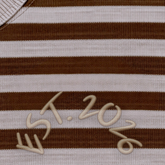 area 609 Preservation Stripe Tee in walnut and oat brown with embroidered EST. 2026 text on the chest