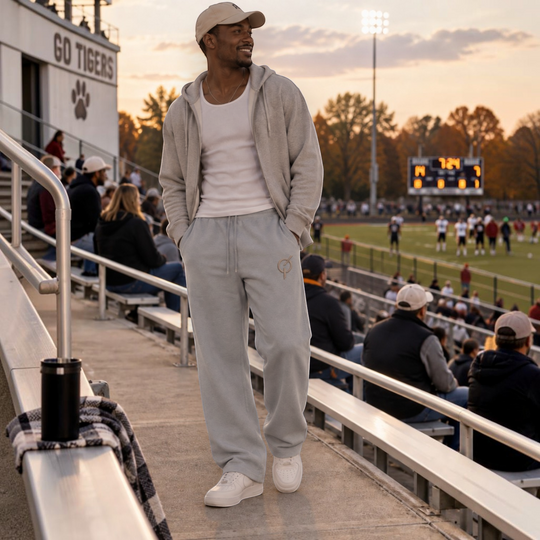 A man wearing area 609 The Preservation Terry Pant in mineral blue at a stadium, paired with a grey hoodie and cap.