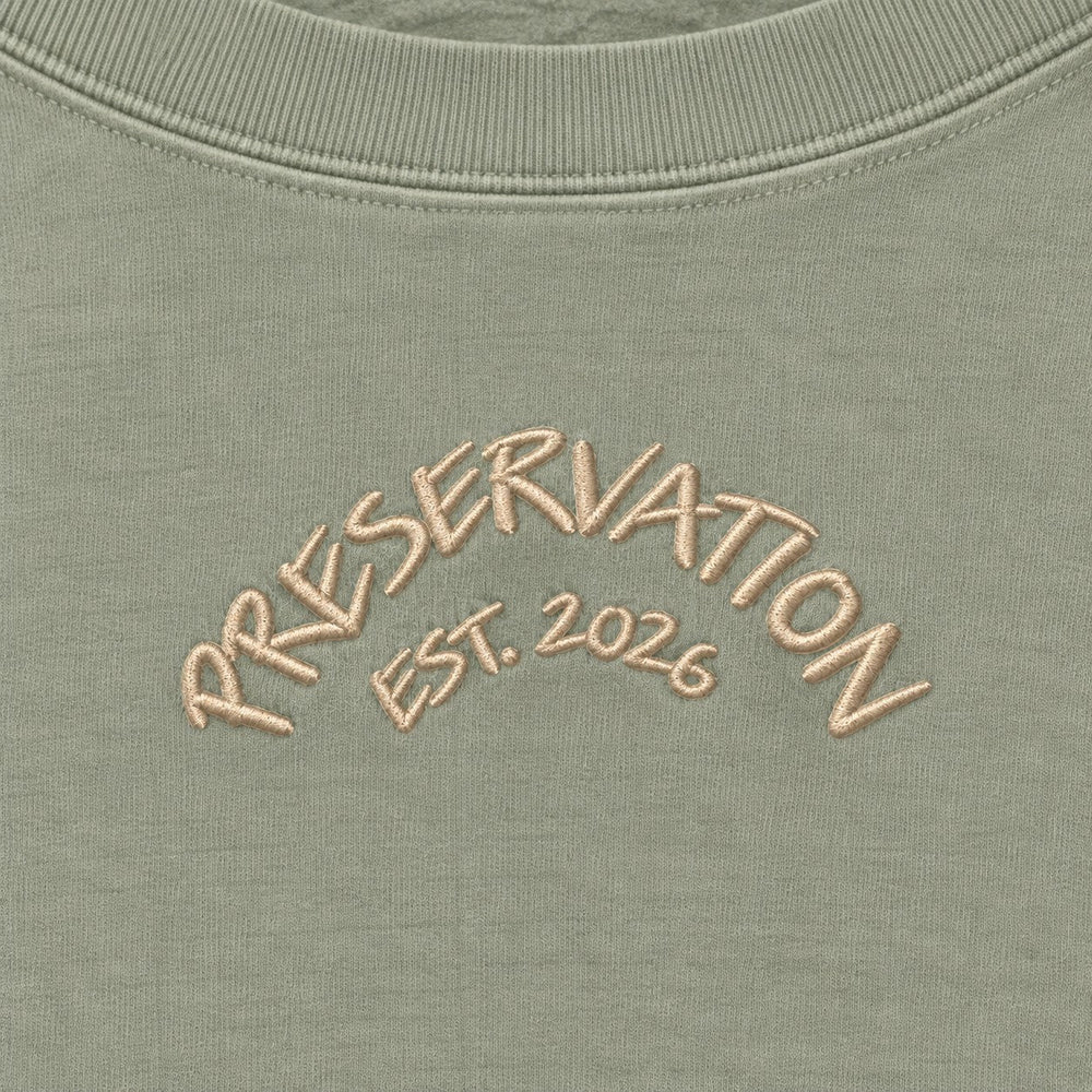 area 609 sage green crewneck sweatshirt with embroidered Preservation arch text and EST 2026 detail