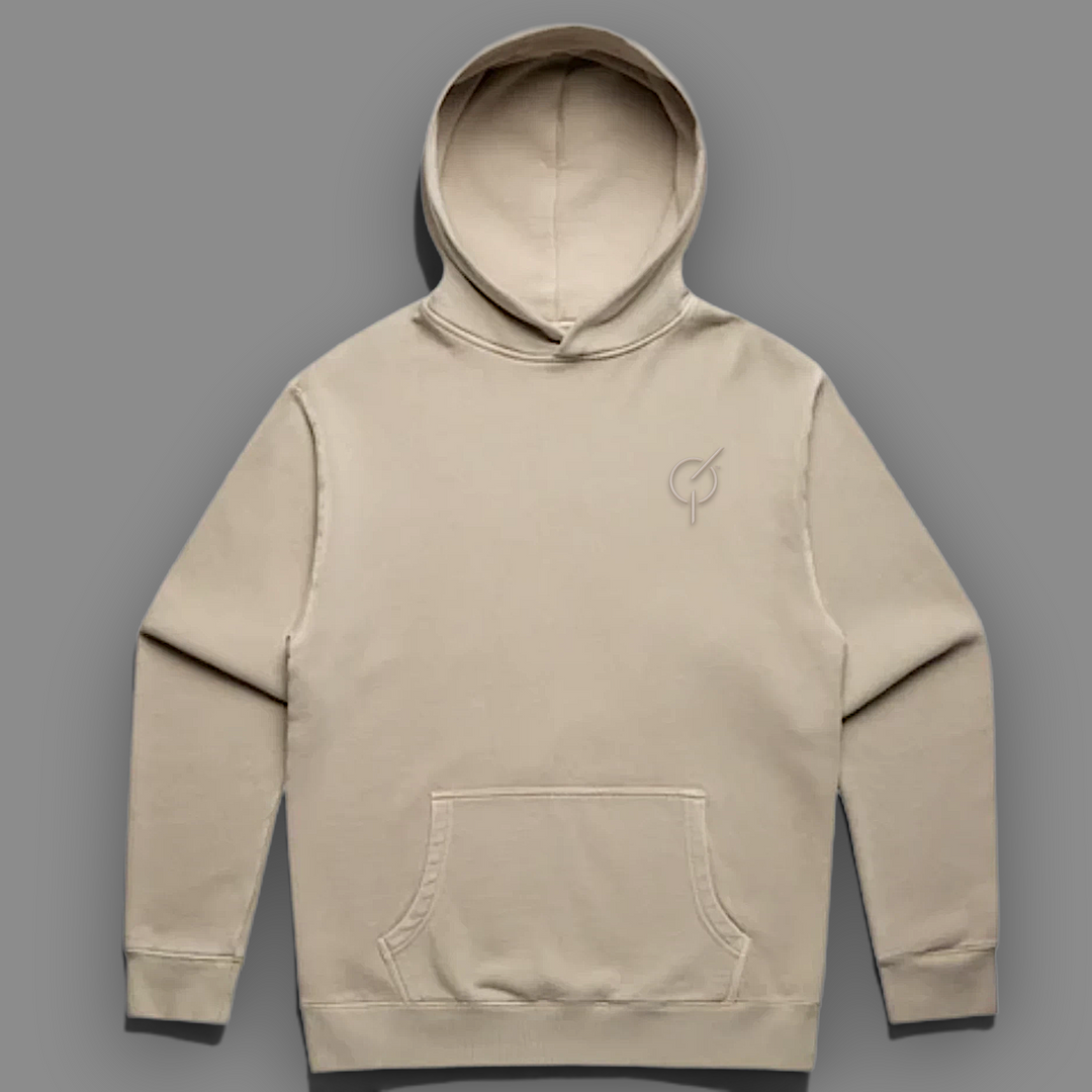 area 609 The Founders Preservation Hood in sandstone, a minimalist long-sleeve pullover hoodie with a front pocket.