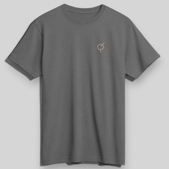 area 609 slate grey SUPIMA cotton t-shirt with a small embroidered sand-colored emblem on the left chest