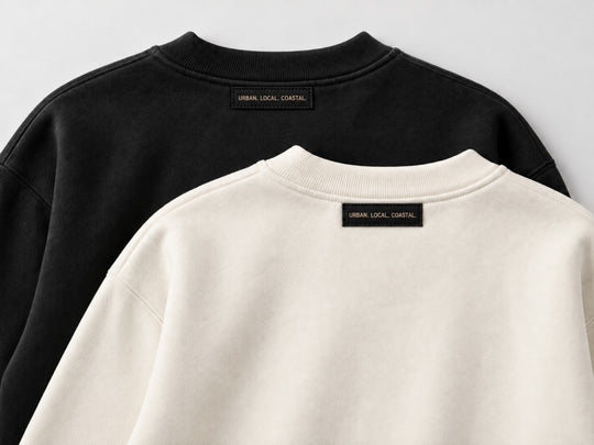 area 609 The Standard Crew sweatshirts in black and cream with Urban, Local, Coastal neck labels