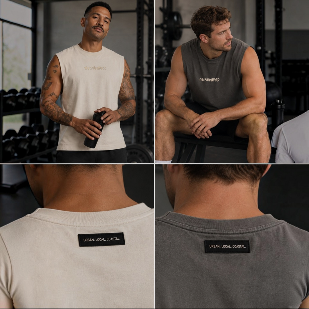 area 609 The Standard Sleeveless shirts in beige and charcoal grey with Urban Local Coastal neck label detail