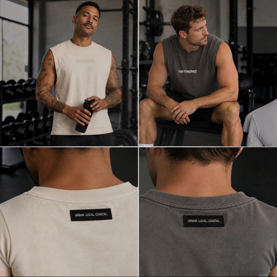 area 609 The Standard Sleeveless shirts in beige and charcoal grey with Urban Local Coastal neck label detail