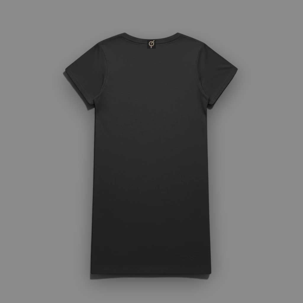 Back view of the area 609 The Standard Tee Dress in solid black, featuring a simple crew neck and short sleeves.