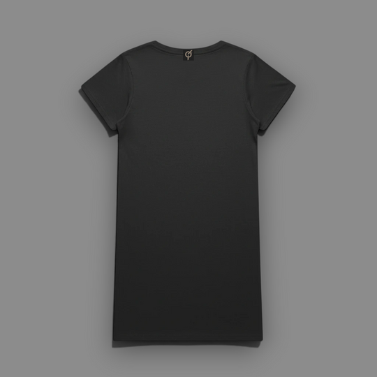 Back view of the area 609 The Standard Tee Dress in solid black, featuring a simple crew neck and short sleeves.
