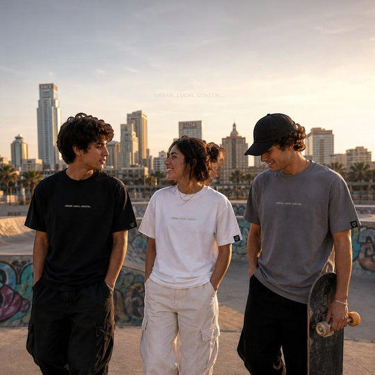 Three models wearing area 609 The Core Tee in black, white, and slate SUPIMA cotton at a skatepark during sunset.